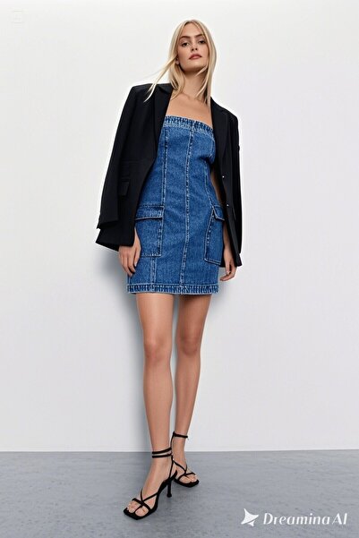 Şans Γυναικείο μίνι τζιν φόρεμα μεγάλου μεγέθους μπλε, τσέπη Cargo, πλένεται στράπλες 65N38805