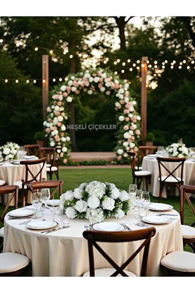 NEŞELİ ÇİÇEKLER Yapay Çiçek Masa Çiçeği 60x20 Cm Yemek Masası Düğün Nişan Özel Gün Masa Üstü Dekor Masa Süsü Beyaz