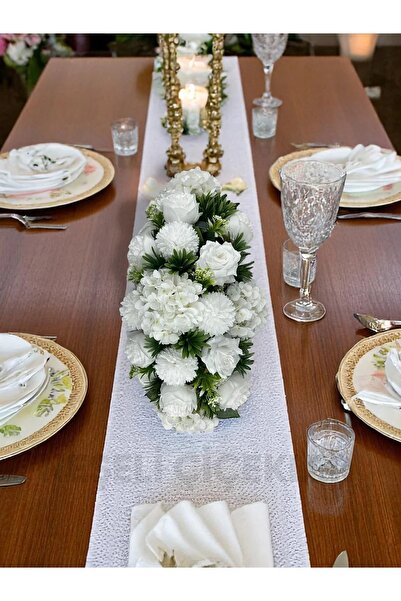 NEŞELİ ÇİÇEKLER Yapay Çiçek Masa Çiçeği 60x20 Cm Yemek Masası Düğün Nişan Özel Gün Masa Üstü Dekor Masa Süsü Beyaz