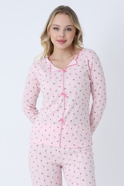 TURAY Catherine Basic Uzunkol 100% Cotton Women's Pink Pajamas Set