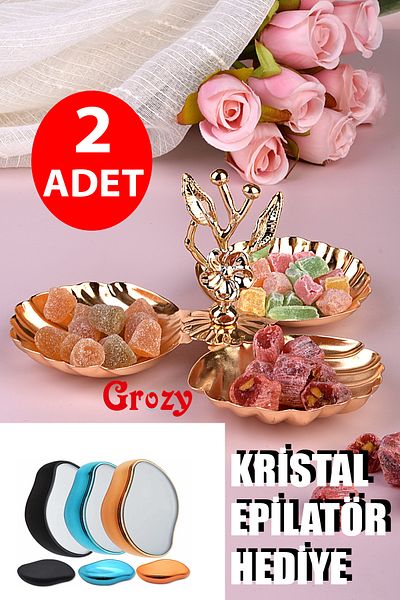 AVMSTORE 2 Pieces Gold Three Compartment Mussel Presentation Container Coffee Side Turkish Delight Container (Crystal Epilator Gift)