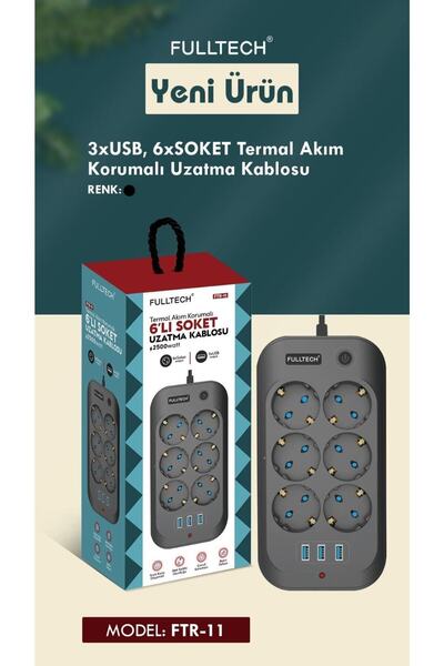 solutions technology Akım Korumalı 6'lı Priz 3 Usb Çıkışlı – 2 Metre Kablo, Anahtarlı, Alev Geciktirici Tasarım