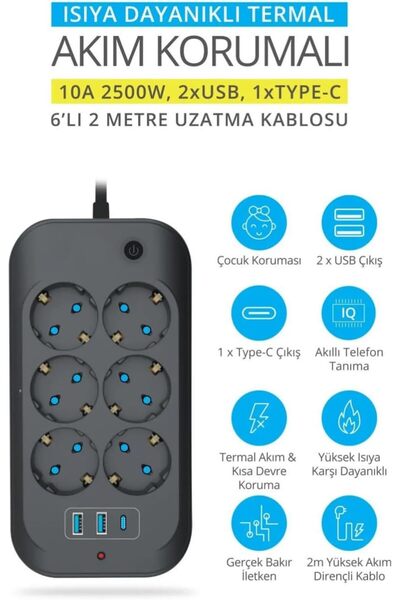solutions technology Akım Korumalı 6'lı Priz 3 Usb Çıkışlı – 2 Metre Kablo, Anahtarlı, Alev Geciktirici Tasarım