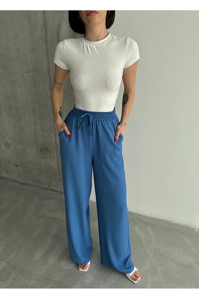 MADAME MELEK Linda Fabric Pantaloni largi din amestec de in negru cu talie elastică și șireturi