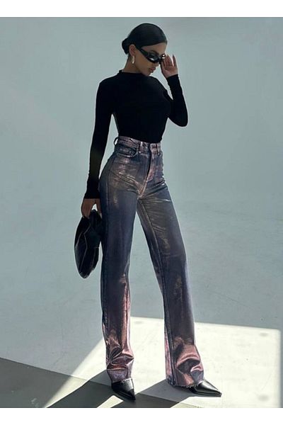 GAMZE ALPTEKİN Copper Leaf Palazzo Jean Pants Imported Fabric