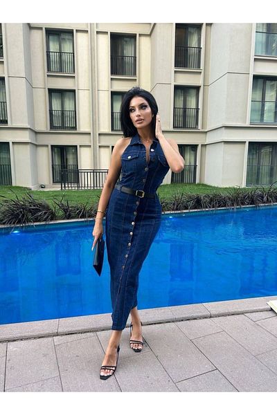 MADAME MELEK Rochie de blugi cu centură Denim Lycra Drapat pe spate