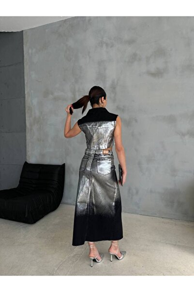 MADAME MELEK Silver Gilded Crop Denim Vest and Front Slit Gilded Denim Skirt Set