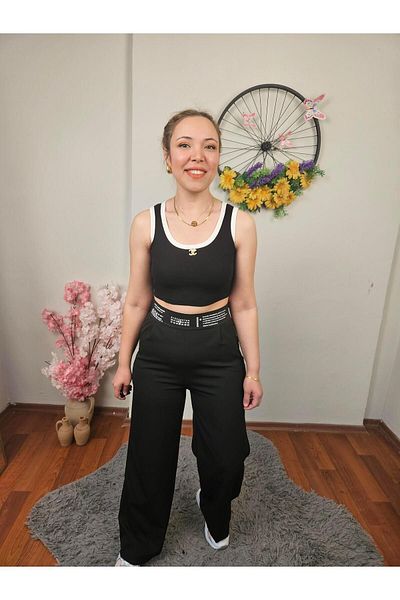 MADAME MELEK Imported Fabric Palazzo Trousers with Elastic Waist and Zipper