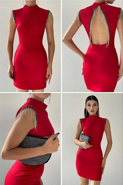 MADAME MELEK Rochie decoltată roșie cu strasuri