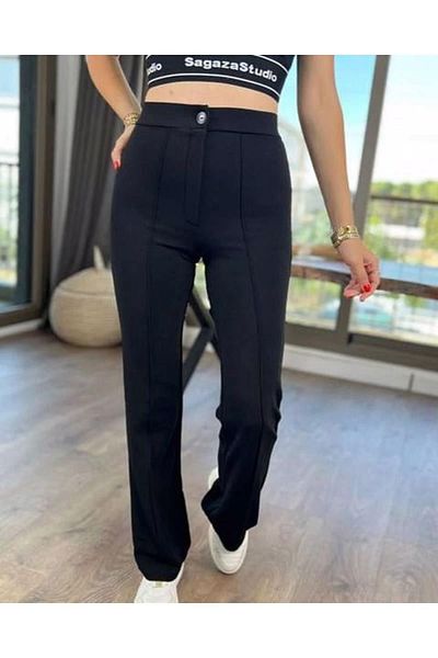 MADAME MELEK Black Lycra Crepe - Pantaloni Palazo cu dungi în față și în spate