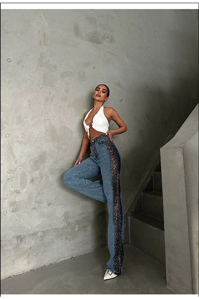 MADAME MELEK Pantaloni blugi cu talie înaltă cu dungi metalice leopard