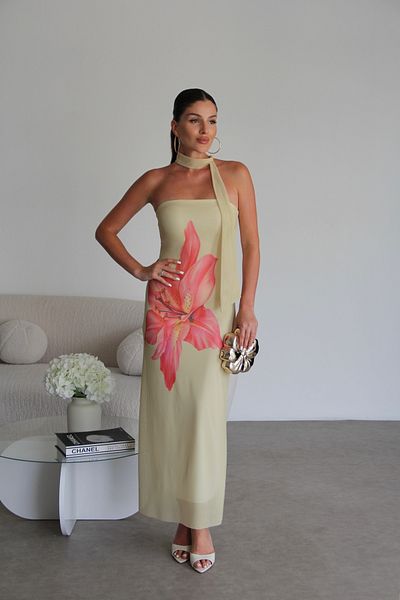 Julidress Yellow Shawl Floral Print Strapless Neckline Lined Premium Chiffon Tulle Dress