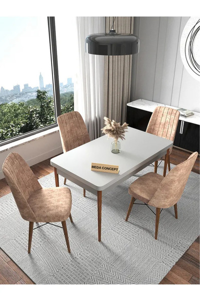 MEDA CONCEPT İnci Düz Beyaz Sabit 4 Kişilik Mutfak Masası Takımı Yemek Masası...