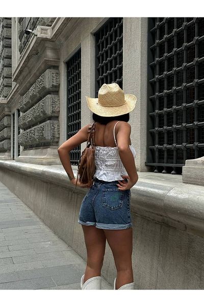 GAMZE ALPTEKİN Pantaloni scurți din denim cu design Stone