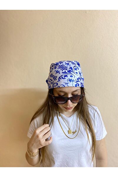sema aksesuar Mavi Beyaz Etnik Desenli Bandana - Yazlık Saç Aksesuarı - Fular - Hediyelik