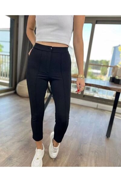 MADAME MELEK Черен креп плат, модел отпред и отзад, плисиран ликра, тесен пан...