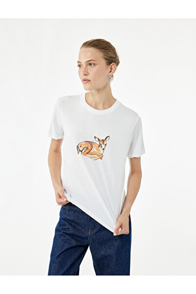 Koton Βαμβακερό μπλουζάκι με κοντό μανίκι με λαιμόκοψη με στάμπα Gazelle