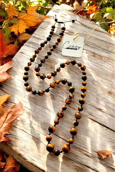 CRAZY TAKI TASARIM 6&8 mm Genuine Tiger Eye Natural Stone Long Unisex Necklace (70-80 cm)
