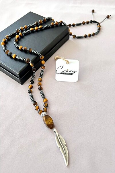 CRAZY TAKI TASARIM 6 Mm Kaplan Gözü & Hematit Taşlı 70-80 Cm "uzun Erkek Kolye"