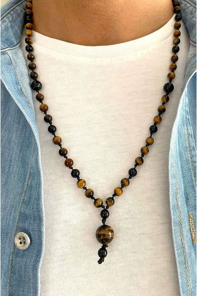 CRAZY TAKI TASARIM 6 mm Tiger Eye & Onyx Stone 70-80 cm Long Unisex Necklace
