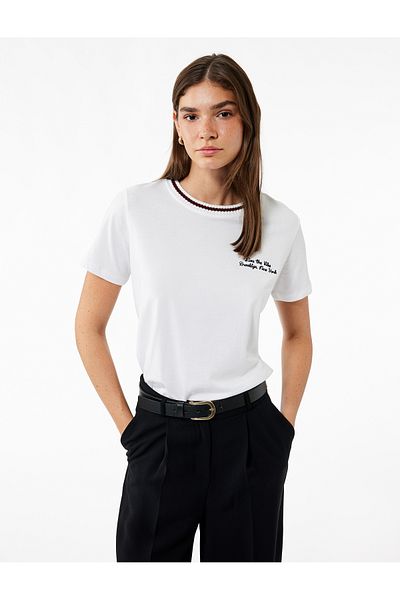 Koton Short Sleeve Lapel Detail Crew Neck Cotton Embroidered T-Shirt