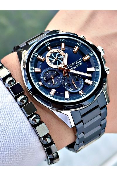 Ferrucci Luxury Men's Wristwatch with Calendar, Gift Package and Hematite Bracelet
