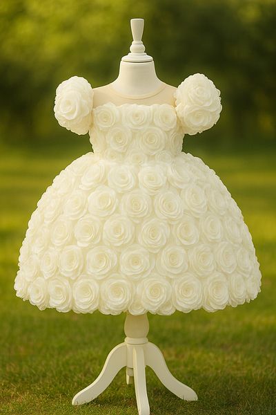 MUSGEM Special Design Rose Flower Detailed White Color Girl's Evening Dress