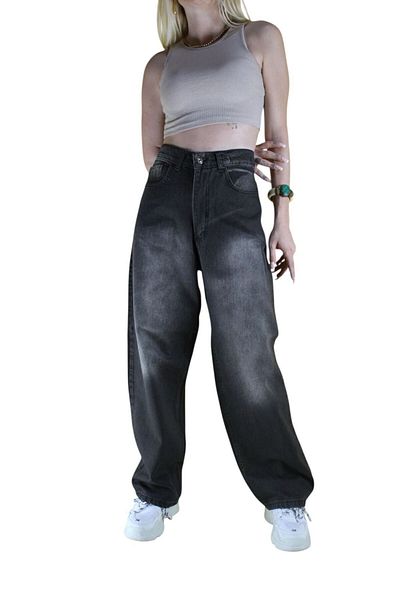 Butik St.Poll Adjustable Waist Buckle Detailed Anthracite Smoked Baggy Jeans