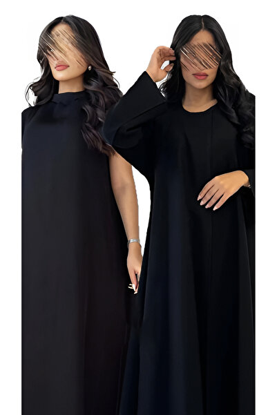 outline Black crepe abaya package with black floral embroidery, a cloche and a dress underneath the abaya