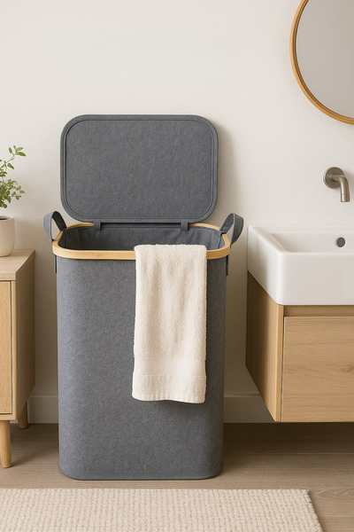 Kitchen Life Bambu Kapaklı Katlanabilir Kumaş Çamaşır Sepeti 50 Litre Kapaklı Ve Katlanabilir Oyuncak Sepeti