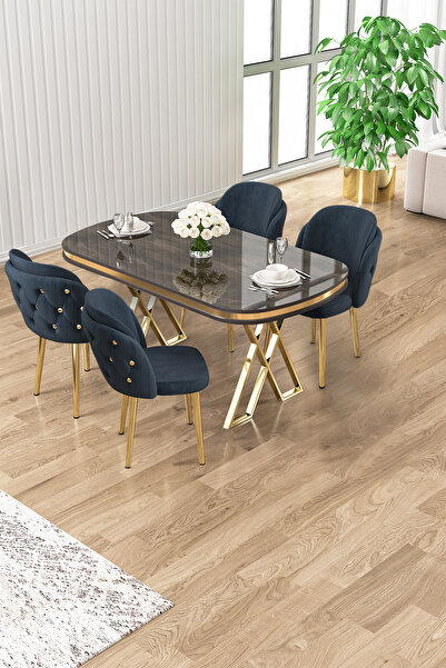 Canisa Zae Serisi 90x168 Lak Panel Antrasit Ironi Gold Ayak Masa Takımı 4 Antrasit Sandalye