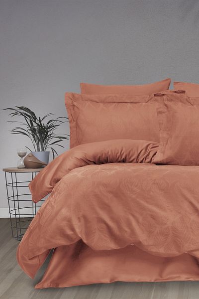 Sevim طقم غطاء لحاف من قطن الجاكار والساتان - طقم غطاء لحاف مزدوج - Aura Apricot