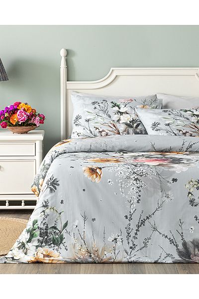 English Home Σετ παπλωματοθήκης Flower Heaven Digital Printed Soft Cotton Διπλό Γκρι