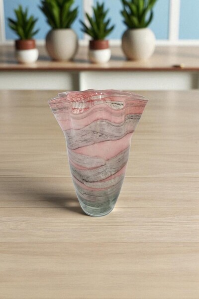 Living مزهرية زجاجية متموجة باللون الوردي، مقاس 30 * 38 سم