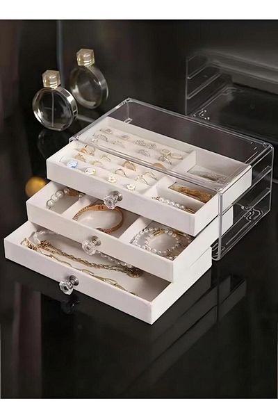 Generic 3-layer Jewelry Organizer Box, Jewelry Organizer, Crystal Handle Velvet Jewelry Display Cabinet
