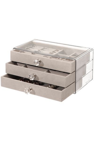 Generic 3-layer Jewelry Organizer Box, Jewelry Organizer, Crystal Handle Velvet Jewelry Display Cabinet