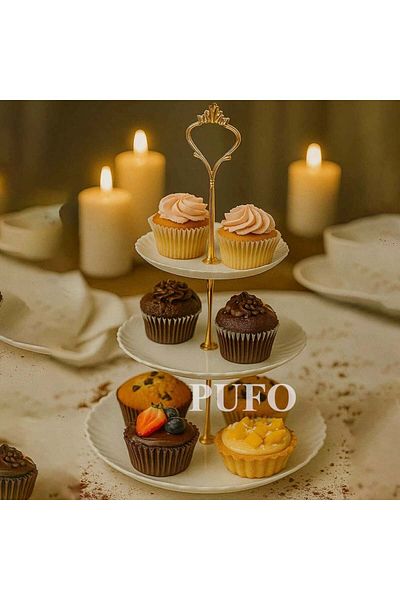 PUFO Bol cu fructe cu 3 niveluri, pentru bomboane, prăjituri, fructe, aperitive, mâner metalic, alb