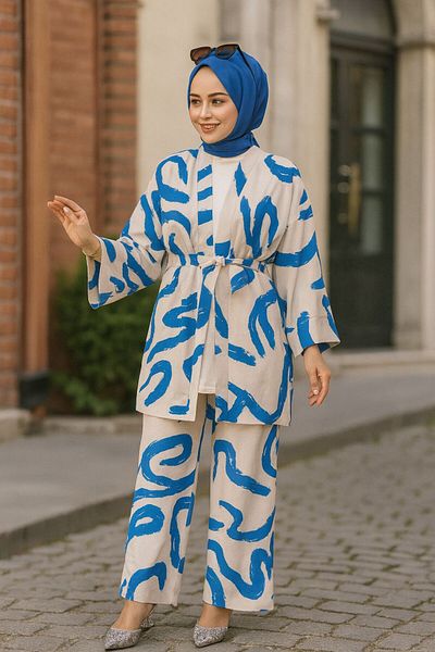 Neva Style Set kimono Hijab cu model albastru Indigo - 12123IM