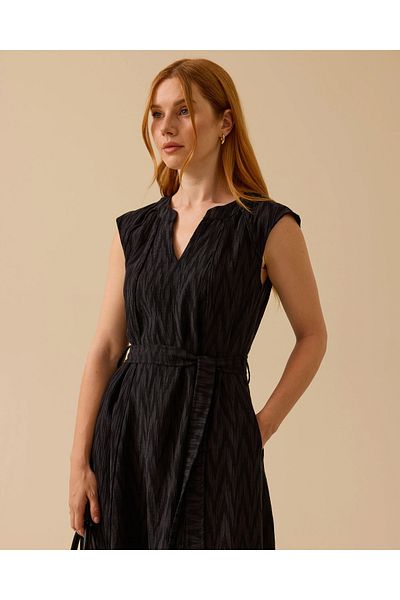 SEÇİL Belted V-Neck Textured Dress