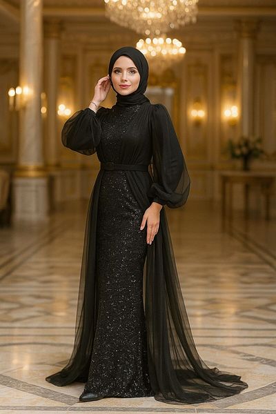 Neva Style Βραδινό φόρεμα με παγιέτες μαύρο χιτζάμπ 5383s