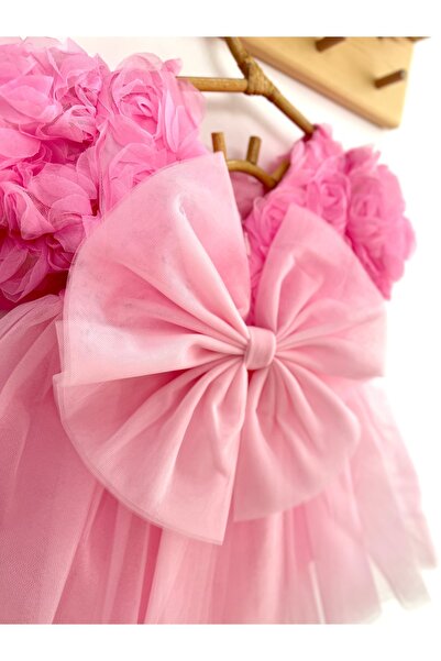 2kids2mom Kız Bebek Pembe Elbise Kısa Kollu Fiyonklu Doğum Günü Parti Düğün Özel Gün Tüllü Astarlı Prenses