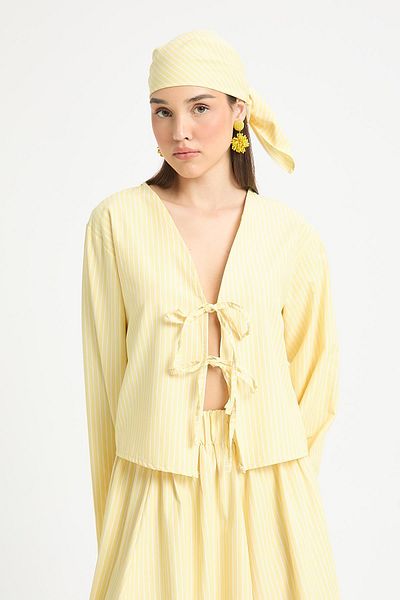 minaaise Yellow Striped Poplin Fabric Front Tie Blouse 29276