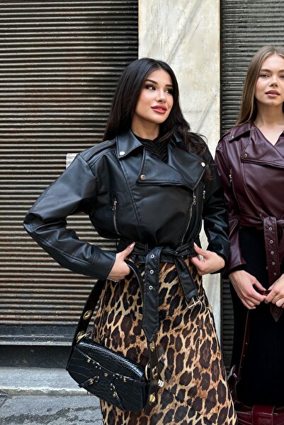 moda armanc Kemerli Oversize Crop Siyah Deri Ceket