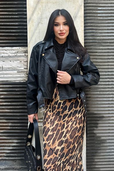 moda armanc Jachetă de piele neagră oversize cu centură