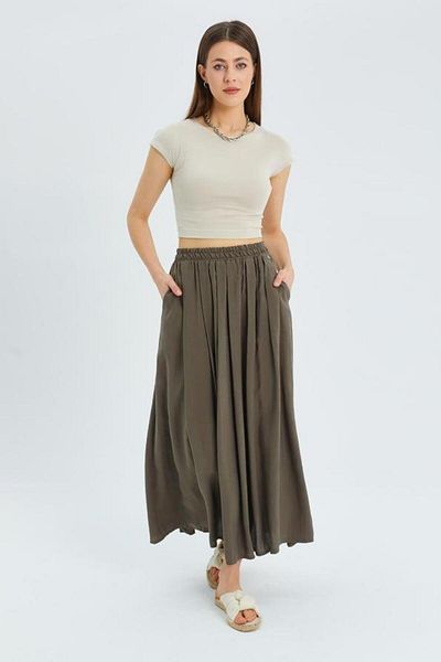 Mixray 4612 Model Khaki Women's Skirt - Side Pocket and Pleated