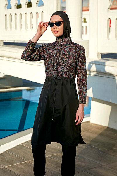 Remsa Mayo Remsa Paraşüt Fully Covered Hijab Swimsuit Leaf Theme 2115 Hülya