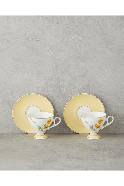 English Home Valentina New Bone China 4 Piece Coffee Cup Set for 2 Persons 80 ml Yellow