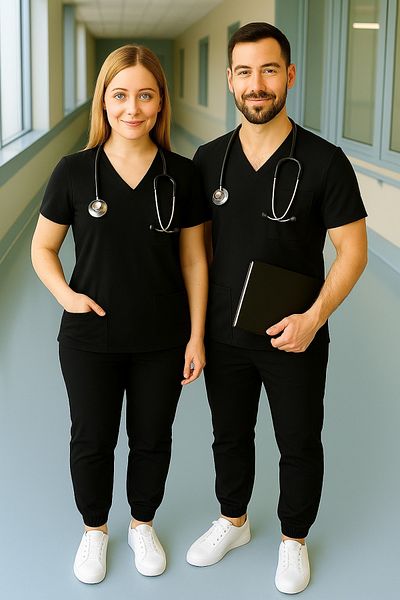 PIQUE Set de uniforme pentru asistentă și medic cu mâneci liliac unisex din Lycra neagră