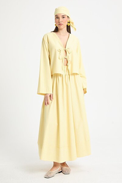 minaaise Yellow Striped Poplin Fabric Front Tie Blouse 29276