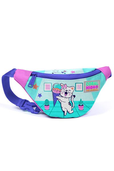 Coral High Turquoise Pink Cat Patterned Children's Waist Bag - Ice Cream, Model 11503